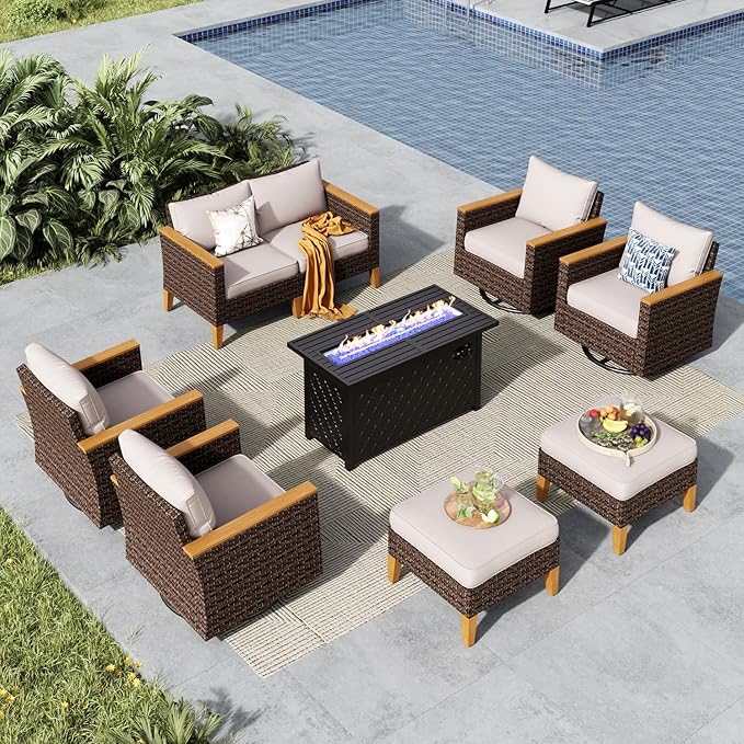 MFSTUDIO 9 Piece Wicker Patio Furniture Sets with Fire Pit Table, 4 x Swivel Chair, 2 x Ottoman, 2 x Corner Sofa, All-Weather PE Rattan Patio Conversation Set Outdoor Sectional Sofas(Beige Cushions)