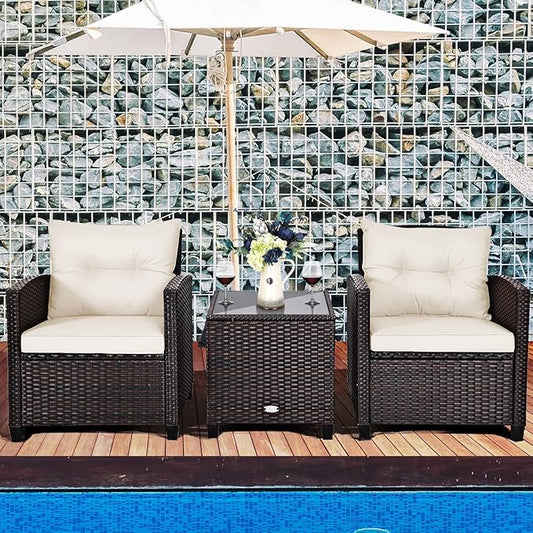 Modern Beige 3-Piece Wicker Patio Furniture Set with Water-Resistant Cushions & Tempered Glass Table