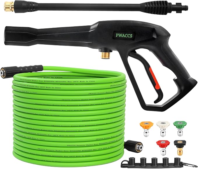 PWACCS Pressure Washer Hose and Gun, 50 FT Power Washer Hose with Extension Wand Kit, 5 Nozzle Tips, M22-14 Fitting, Compatible with Ryobi, Green Works & Karcher