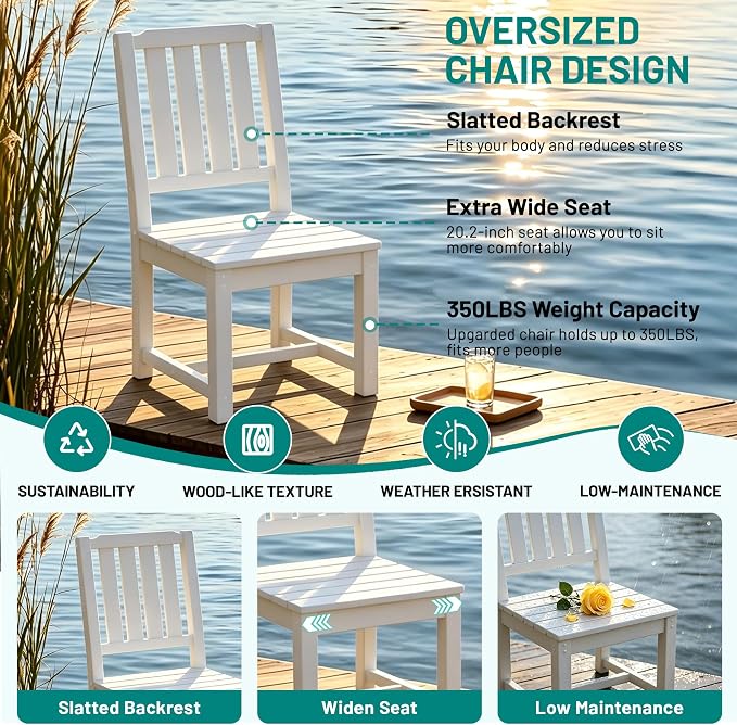 PLUUV 7-Piece Outdoor Dining Set – HDPE Patio Furniture with Umbrella Hole Table, Aluminum Legs, and 6 Armless Chairs, Weatherproof & Easy-Clean for Backyard, Garden, White