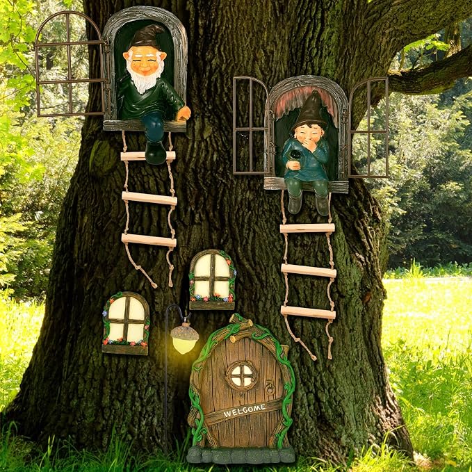7 Pcs Fairy Garden Accessories Tree Hugger Gnome Statue Tree Faces | Fairy Door Window Set Dwarf Elf Landscape Figurine Out The Door Resin Sculpture Hanging Decor for Trees Outdoor Decor