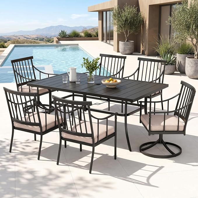 PHI VILLA 7 Piece, Outdoor Dining Table, 59"x36" Table, Umbrella Hole | Metal, Swivel Chairs, Iron Chairs, Cushions, Weather-Resistant, Adjustable, 360° Swivel, 350 lbs Capacity