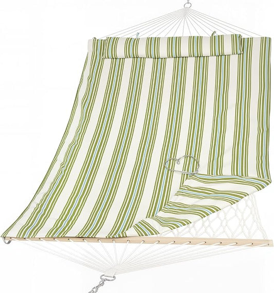 SUNCREAT Portable 2 Person Hammock with Hardwood Spreader Bar, Cotton Rope Outdoor Hammock with Polyester Pad, Green&Beige