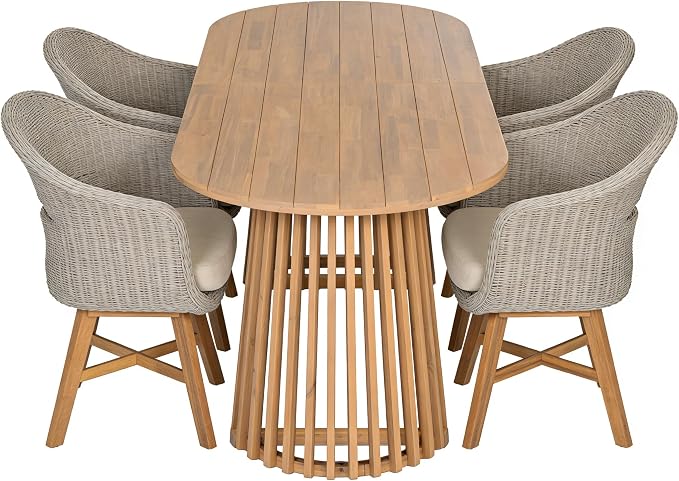 Christopher Knight Home Ambes 5 Piece Acacia Wood Outdoor Dining Set for 4, Patio Dining Table and Chair Set with Curved Rattan Backrest & Cushions, Outdoor Dining Table Set, Beige+Grey Ash+Brown