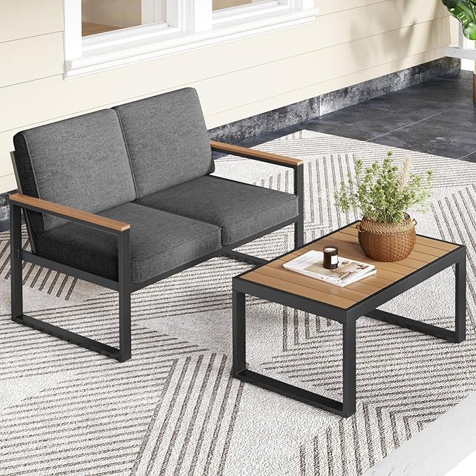 Tangkula 2 Piece Patio Aluminum Furniture Set, Outdoor Cushioned Loveseat with Coffee Table Set, with Wood-Plastic Armrests & Tabletop, for Balcony, Backyard, Poolside