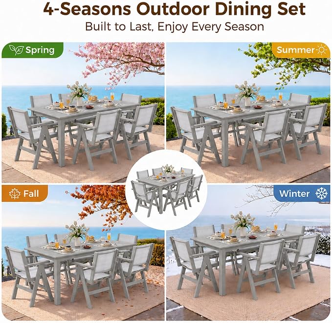 Outdoor Dining Table Set, 7 Piece HDPE Patio Set with Aluminum Dining Table & 4 Textilene Chairs, 69" Outdoor Table with Umbrella Hole for Deck, Lawn, Light Grey