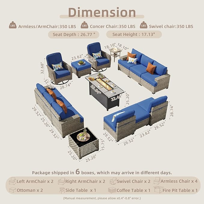 15-Piece Outdoor Sectional Sofa Set w/ 54" Fire Pit – L-Shaped Wicker Patio Furniture, Deep Seating & Swivel Rockers, Blue