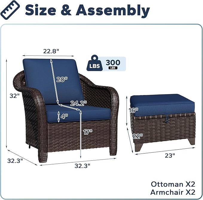 4 Pieces Patio Outdoor Conversation Furniture Set with Cushions, All-Weather Wicker Ottomans, PE Rattan 2 Chairs for Backyard, Deck, Lawn (Navy Blue)