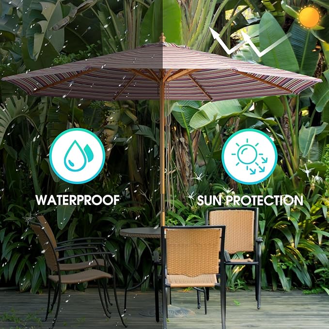 9ft Bamboo Umbrella, Outdoor Patio Umbrella, Waterproof Market Umbrella, 8 Ribs Table Umbrella with Pulley Lift for Garden, Deck, Pool, lawn, Backyard