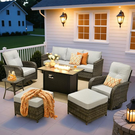 ovios 7 Pieces Patio Furniture Set, Outdoor Wicker Sofa Couch with Swivel Glider Chairs Fire Pit Table, Modern Deep Seat Rattan Conversation Sets for Deck Porch, Grey
