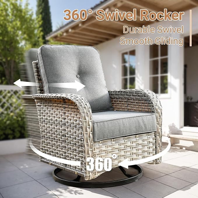 HOOOWOOO Patio Furniture Set,5 Pieces Wicker Outdoor Furniture,High Back Conversation Set with All Weather Resistant Swivel Chairs with Ottoman Side Table,Dark Gray