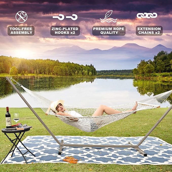 Lazy Daze Hammocks Double Rope Hammock with Stand Include, 12 Feet Traditional Cotton Rope with Pillow for Outside, Backyard, Patio, Garden, Tan Pillow