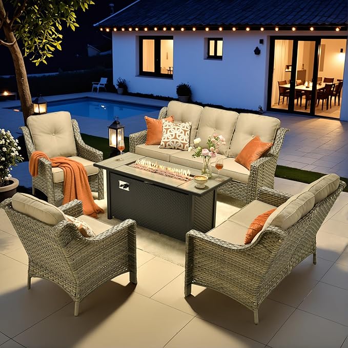 HOOOWOOO Patio Furniture Set,5 Pieces Wicker Outdoor Furniture,High Back Conversation Set with All Weather Resistant Fire Pit Table Couch Loveseat Chairs,Beige Tan