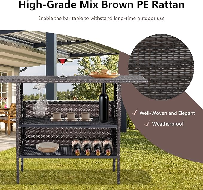 S AFSTAR Patio Rattan Bar Table, Outdoor Rattan Wicker Bar Counter Table with 2-Tier Metal Shelf & Steel Stemware Rack, Heavy-Duty Steel Frame, Waterproof Brown Rattan Table for Poolside, Backyard