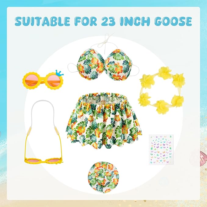 Green Bikini Goose Clothes Set with Sunglasses Lei Hat, Green Hawaiian Swimming Suits Porch Goose Outfits for 23 Inch Goose Statue, Summer Tropical Yard Garden Decor (Green)
