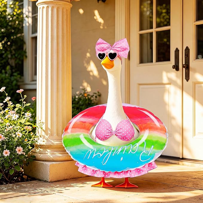 23 in Porch Goose Summer Outfit Bikini, Hawaiian Porch Goose Swimsuit Clothes Costume Accessories with Bow Glasses Swim Ring for 23" Summer Goose Garden Patio Statue Decor (Pink)