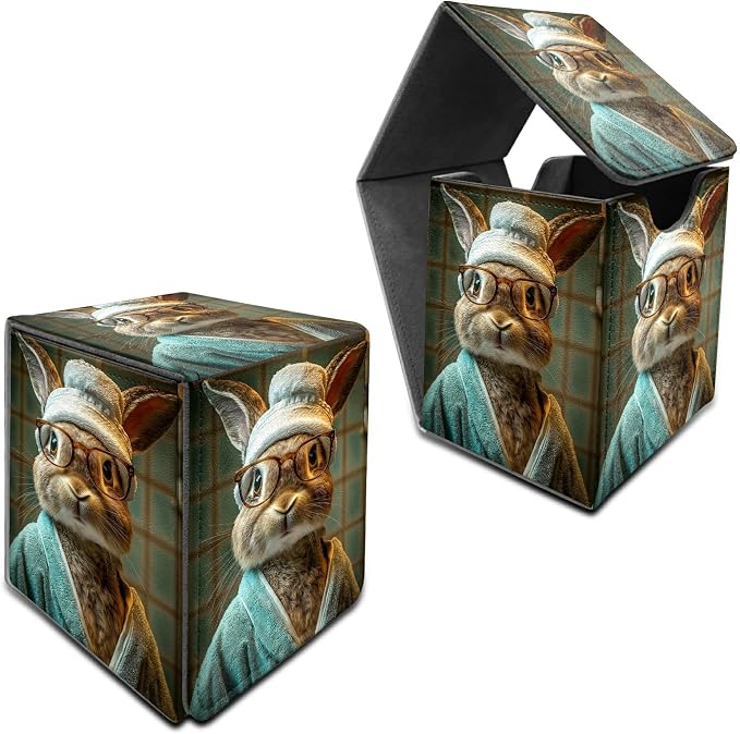 Glasses Rabbit Card Deck Box for MTG, Personalized Card Storage Case Fits 120+ Sleeved Cards, Premium Leather TCG Box with Strong Magnetic Closure for Magic, CCG, PTCG, Baseball Cards