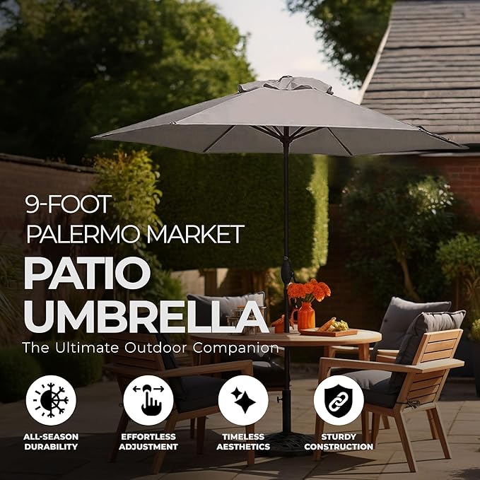 Four Seasons Courtyard 9 Foot Palermo Market Patio Umbrella Round Outdoor Backyard Shaded Canopy with Push Button Tilt and Aluminum Pole, Gray