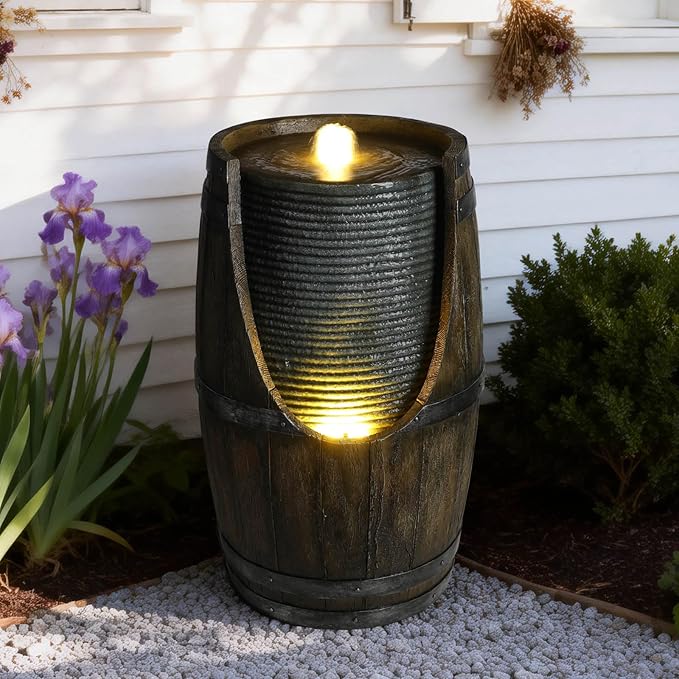 24.8" Rustic Wood Barrel Waterfall Fountain with LED Lights; Tiered Outdoor Resin Water Feature for Zen Garden, Patio & Porch Decor; Floor-Standing Fountain with Pump (Grayish Green-24.8" H)