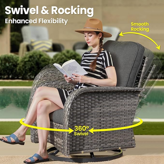 ovios 3-Piece Patio Furniture Set, Outdoor Wicker Sofa with Swivel Chairs, High Back Rattan Gliders Rocker with Comfy Cushions for Porch Yard Deck, Black