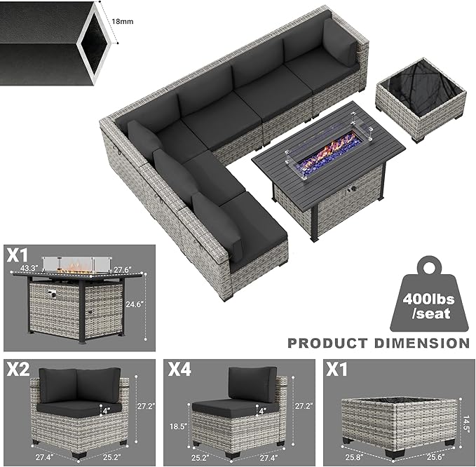 8-Piece Modern Patio Conversation Set with 55,000 BTU Fire Pit Table, Thick Cushions, Upgraded Rattan, Reinforced Frame