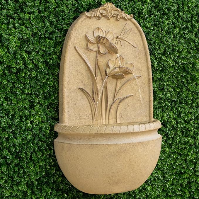 XBrand 31" in H Outdoor Wall Water Fountain with Pump- Khaki Flower with Dragonfly Design with Mesh Guard