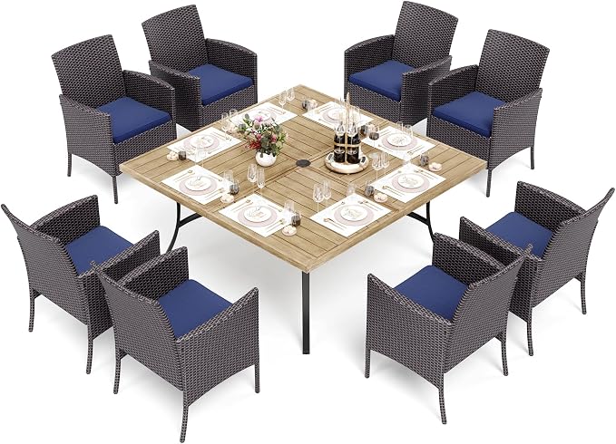 PHI VILLA 9 Pieces Square Outdoor Dining Set for 8, 57” Wood-Like Large Metal Steel Dining Table & Rattan Wicker Chairs with Cushions, Dining Furniture Set for Patio, Deck, Yard, Porch