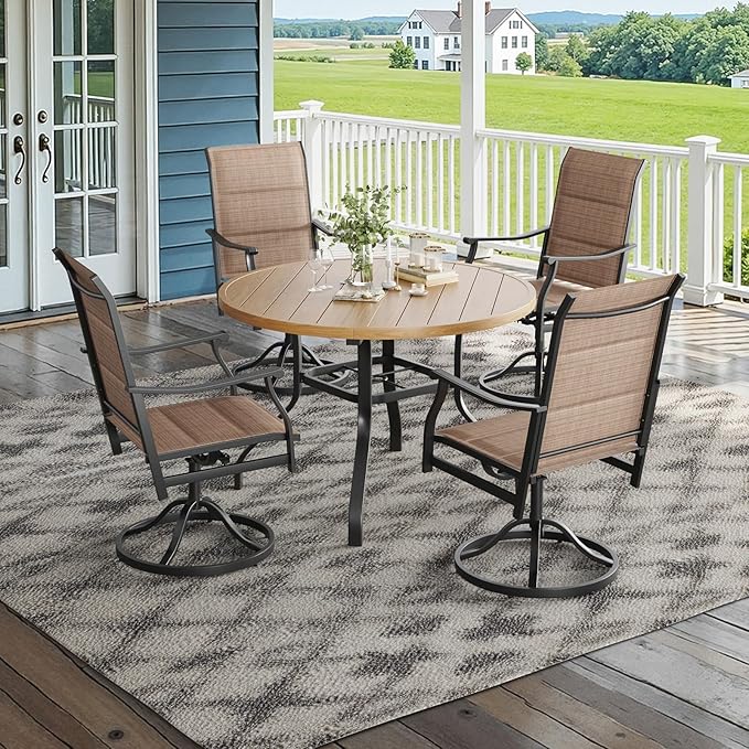 Soohow Patio Dining Set for 4, 5-Piece Round Outdoor Dining Set 4 x Swivel Patio Chairs and 41" Round Outdoor Dining Table with 1.57" Umbrella Hole, Wood-Like, for Poolside, Backyard