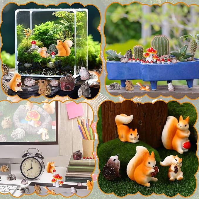 Fairy Garden Accessories, 34 Pieces Resin Squirrel Figures Miniature Garden Ornaments Hedgehog Mushroom Animal Kit for Outdoor DIY Terrarium Potted Plants Dollhouse Desk Decor