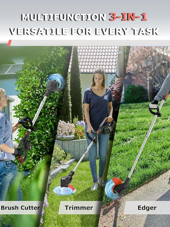 Electric Weed Wacker Cordless Battery Powered,20V Lightweight Weed Trimmer Eater with 2 Battery and Charger,3 in 1 Grass Trimmer/Brush Cutter/Lawn Edger with 26 Blade for Yard,Garden
