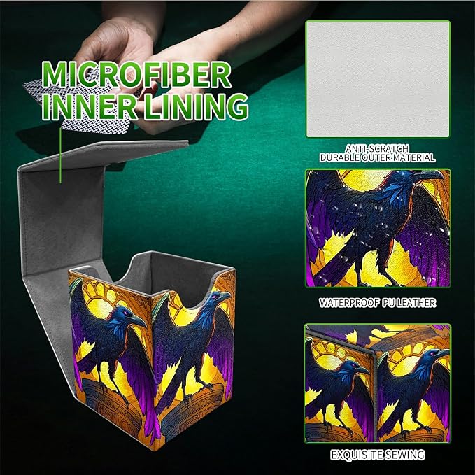 Deck Box for MTG, Cards Storage Box Fits 120+ Sleeved, Leather Medium Size Strong Magnetic Closing Card Case for Board Games Magic TCG CCG Baseball Collection, Eagle With Purple Wings