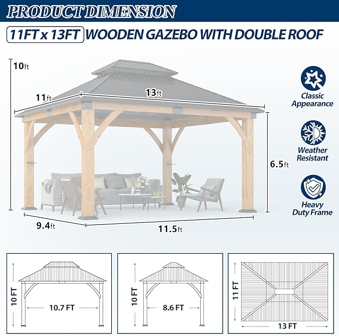 COVERONICS 11FT x 13FT Outdoor Spruce Wood Gazebo - Patio Wooden Frame Gazebo with Galvanized Steel Double Roof, Heavy-Duty Hardtop Gazebos for Garden, Poolside, Deck, Backyard
