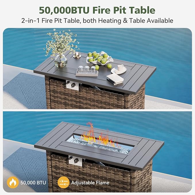 Aoxun 11 Piece Outdoor Patio Furniture Set with 44'' Fire Pit Table, Wicker Rattan Outdoor Furniture with High Back Swivel Rocker Chairs, Outdoor Sofa Set with Thick Cushion & Side Table, Black