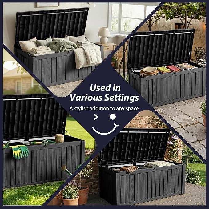 150 Gallon Large Waterproof Deck Box with Hydraulic Support Lid, Lockable UV Resistant Resin Patio Storage Bench for Garden Tools, Pool Accessories, Outdoor Cushions, Indoor & Outdoor Use