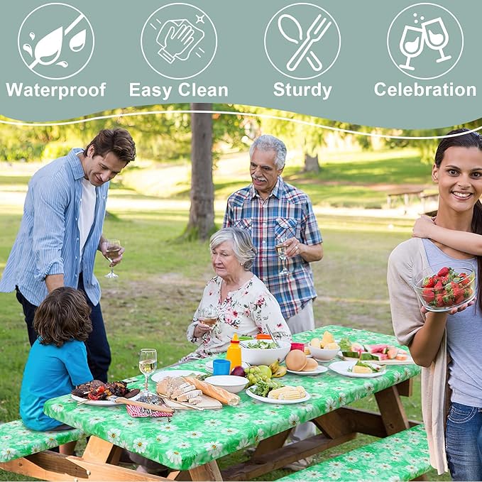 misaya Picnic Table Cover with Bench Cover, Waterproof Elastic Fitted Tablecloth for 5 Foot Tables, Rectangle Washable Polyester Tablecloths for Picnic, Camping, Outdoor (Green Daisy, 30" x 60")