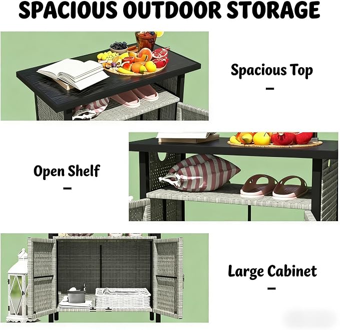 PE Rattan Outdoor Storage Box and Poolside Towel Cabinet, Weather-Resistant Wicker Deck Box with Wood Grain Steel Top and Open Shelf for Patio Organization, 35.4 x 19.7 x 35.4 Inches, Gray