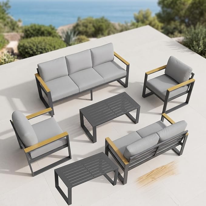 Garvee Aluminum Outdoor Patio Furniture Set with Coffee Table | 5 Piece Patio Conversation Sets with Washable Thick Cushions, Outdoor Sectional Furniture Set for Porch, Balcony, Deck, Yard,