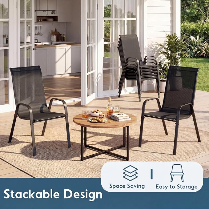 Arlopu 7-Piece Outdoor Table and Chairs for 6, Outdoor Dining Set W/Rectangle Glass Table and 6 Patio Textilene Stackable Chairs, Patio Furniture Set W/Umbrella Hole (Black Table & Black Chair)