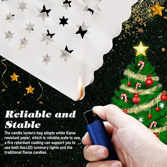 Sabary 50 Sets Luminary Bags with Flameless Tea Lights Outdoor Luminaries LED Lantern Candle Bags for Wedding Birthday Ramadan Christmas Party Decorations Romantic Decor(Star)