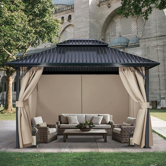 COWVIE 4-Panel 12' x 16' Gazebo Replacement Curtains, Patio Privacy Sidewalls with Double Zipper, Replacement for Outdoor Gazebo Canopy (Curtain Only)