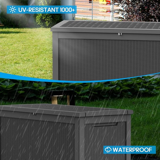 PatioZen 320 Gallon Outdoor Deck Box,Waterproof Resin Outdoor Storage Boxes, Outside Storage Lockable Container for Garden Tools,Indooor Cushions,Accessories (Black)