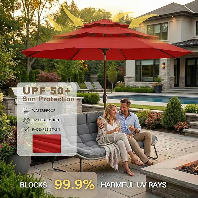 Kingdura 10ft 3-Tier Patio Umbrella, Outdoor Table Umbrella with Easy Crank & Tilt, 8 Reinforced Ribs, UV Protection for Deck, Pool, Market, Backyard (Red)