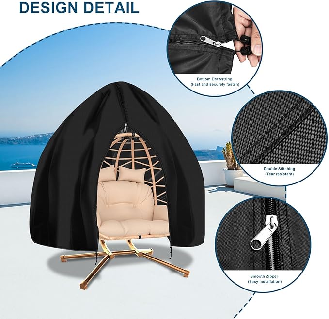 Waterproof Patio Double Egg Chair Cover 90”x78” –RICHIE Heavy-Duty Black Outdoor Swing Chair Cover with Full Zipper, Dustproof & Tear-Resistant Protection for Hanging Egg Chairs & Patio Furniture