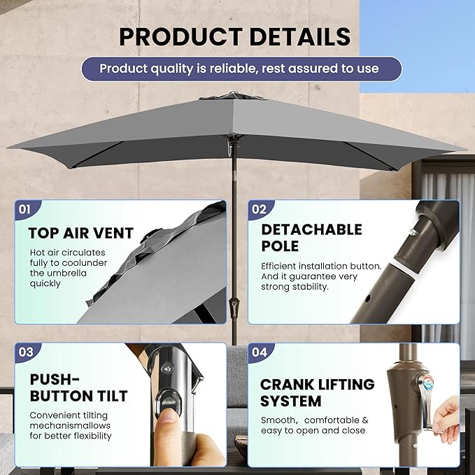 Ayge 6.5x10FT Rectangular Patio Umbrella Outdoor Table Umbrella w/Push Button Tilt & Crank Rectangle Market Umbrella UV Protection for Garden,Deck,Lawn,Yard & Pool,Grey