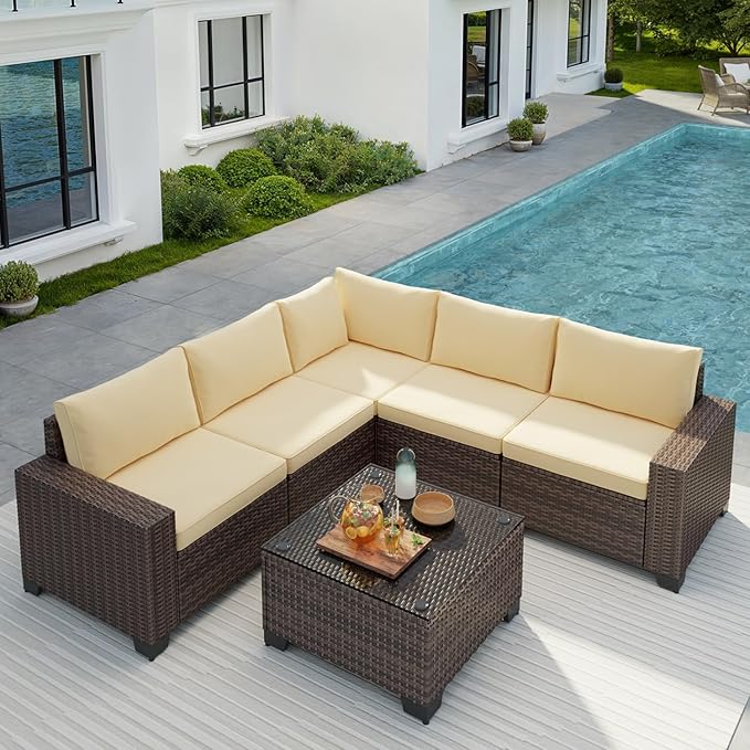 Gizoon 6-Piece Outdoor Patio Furniture Set, PE Wicker Rattan Sectional Sofa Conversation Set with Thickened Cushions, Coffee Table, All-Weather Patio Furniture for Garden, Backyard, Poolside, Beige