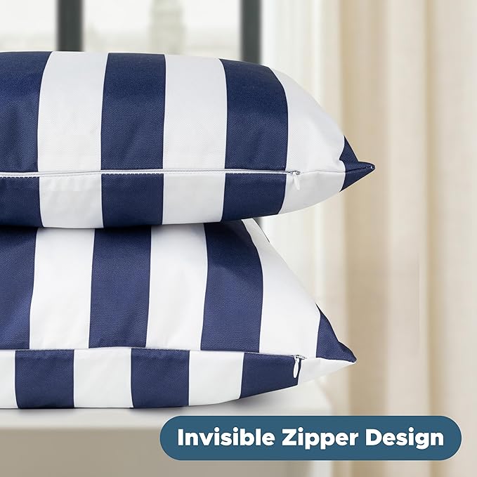 AELS Outdoor Pillow Covers 18x18 Inch, Waterproof Throw Pillow Covers Pack of 2, Water-Resistant Decorative Pillow Case for Patio Furniture Tent Garden, Nautical Navy Blue White Stripes, Cover ONLY