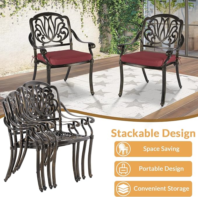 9 Piece Outdoor Patio Dining Set for 8, Cast Aluminium Large Square Dining Table & 2 Swivel Rocker Chairs, 6 Stationary, 8 Cushions, Umbrella Hole, Patio Furniture Set for Garden, Chili Red
