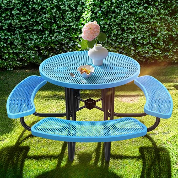 46IN Round Outdoor Picnic Table with Attached Seats, Heavy-Duty Metal Expanded Mesh Patio Table, 1600LBS Load Capacity Commercial-Grade Table for Park, Backyard, Deck, Blue