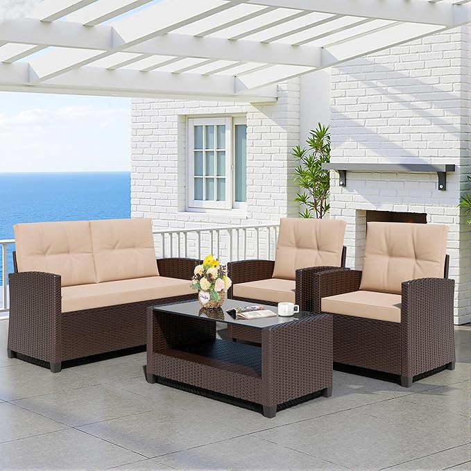 Shintenchi 4 Piece Patio Furniture Set, Outdoor Rattan Conversation Set with Coffee Table, Outside Wicker Sectional Sofa Couch with Cushion, Brown and Khaki