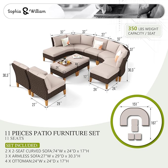 Sophia & William Outdoor Wicker Sectional Sofa Set, Half Moon Curved Patio Furniture Set with Ottman, High Back Patio Rattan Conversation Set for Porch, Deck,Pool(Beige, 11 Piece)